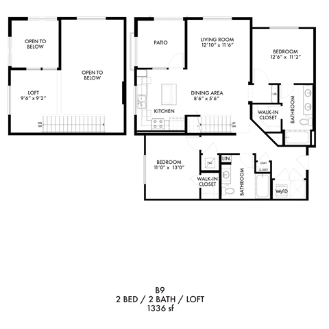 Floor plan for 2 beds, 2 baths, 1336 sqft